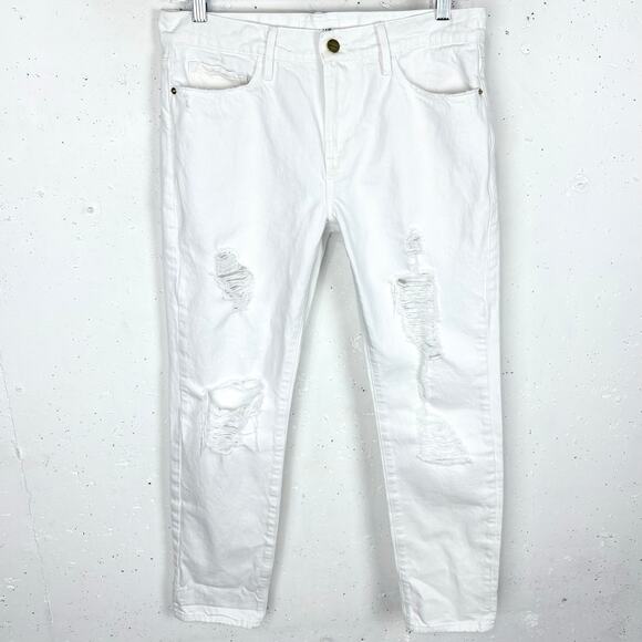 Frame Denim Le Garcon Distressed Jeans White Boyfriend Mid Rise Cotton Size 26 - Picture 13 of 13